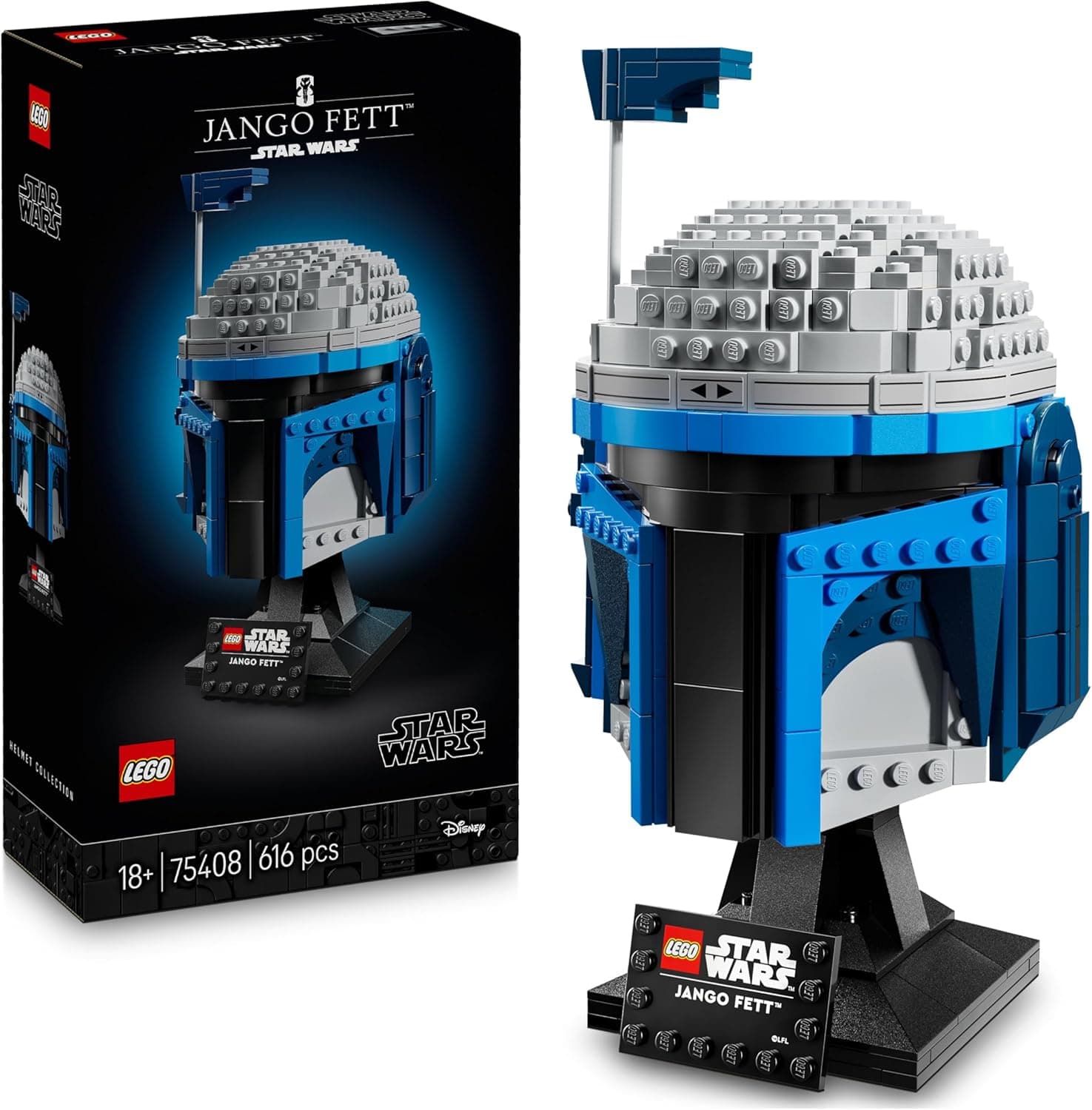 LEGO Star Wars 75408 Capacete de Jango Fett - kit de casacos para adultos do mandaloriano - suporte, placa de identificação e telesímetro ajustável