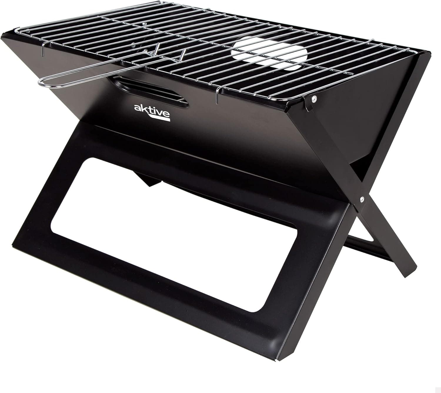 AKTIVE 63033 - Churrasco portátil e dobrável a carvão de aço preto e retangular, com alça de transporte, medidas 45 x 29 x 30 cm, fácil de montar e transportar, grelha de campismo, terraço, varanda