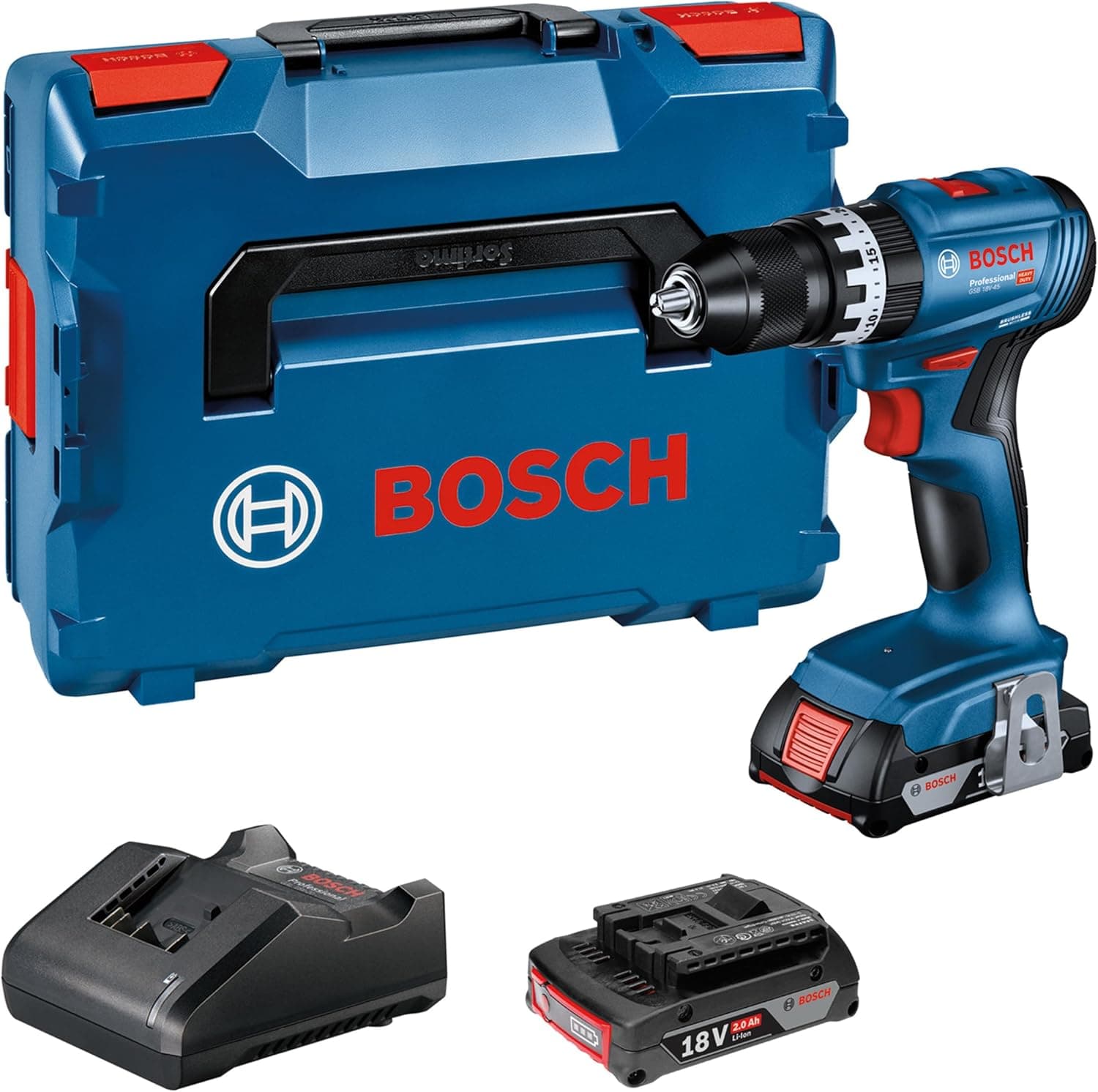 Bosch Professional 18V System GSB 18V-45 Broca de percussão a bateria (45 Nm, 1900 rpm, 2 baterias x 2,0 Ah, em L-BOXX)