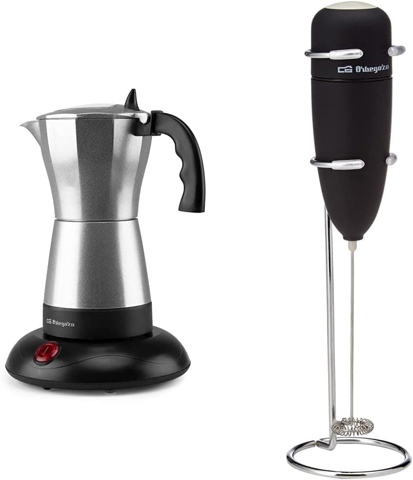 Orbegozo KFE 660 - Cafeteira italiana, 3-6 chávenas (300 ml), desligamento automático, base de toque frio & MN 3800 - espuma de leite, capa de toque suave, inclui suporte, funciona a pilhas, cor preta