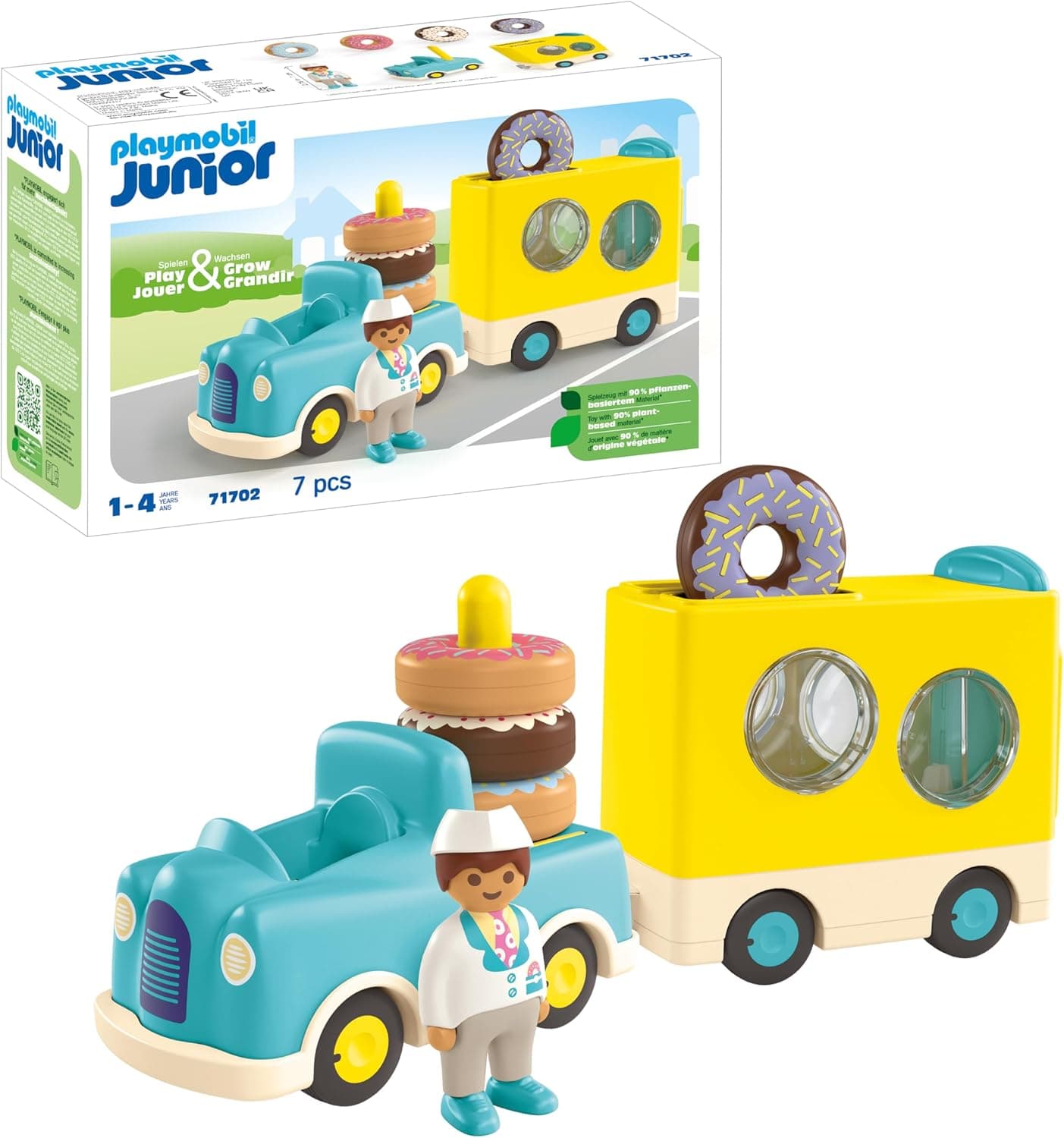 PLAYMOBIL Junior 71702 camião Donut, com função de empilhamento e classificação, brinquedo sustentável feito de plásticos à base de plantas, brinquedos para crianças a partir de 1 ano