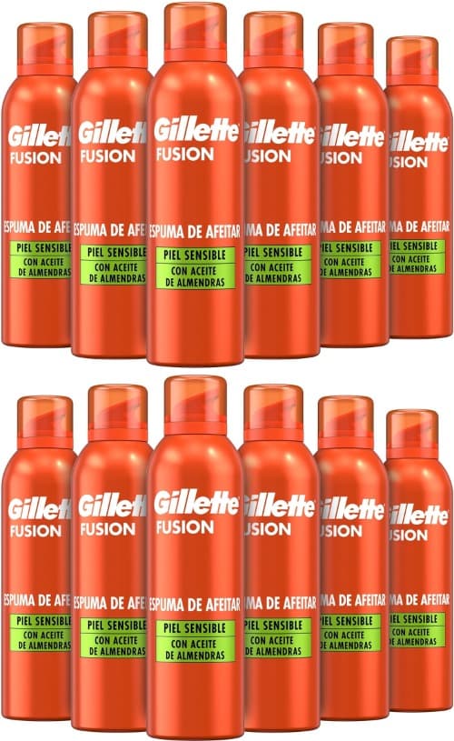 Gillette Fusion | Espuma de barbear com óleo de amêndoas para pele sensível, 250 ml, pack de 6 x 2