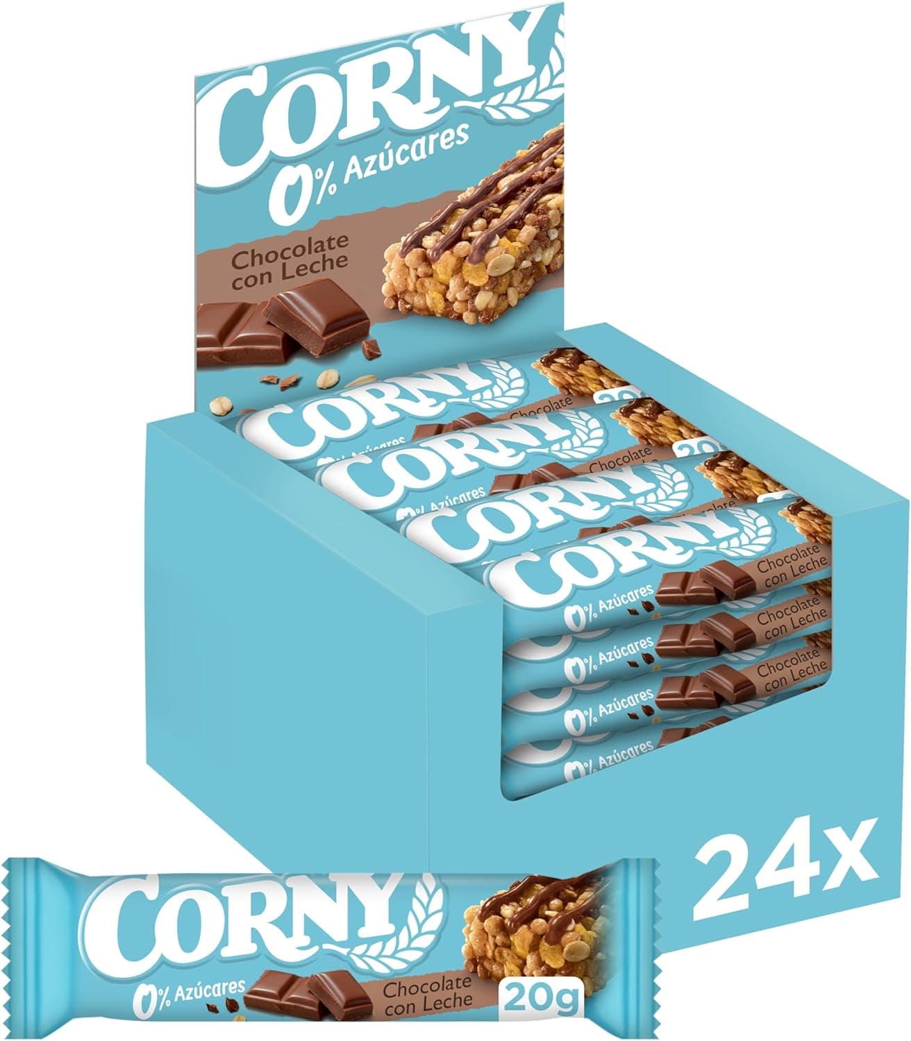 Corny - Barras de cereais de 0% de chocolate com leite, sem adição de açúcares, baixas calorias e gorduras saturadas, fonte de energia, fibra e proteínas, 24 x 20 g