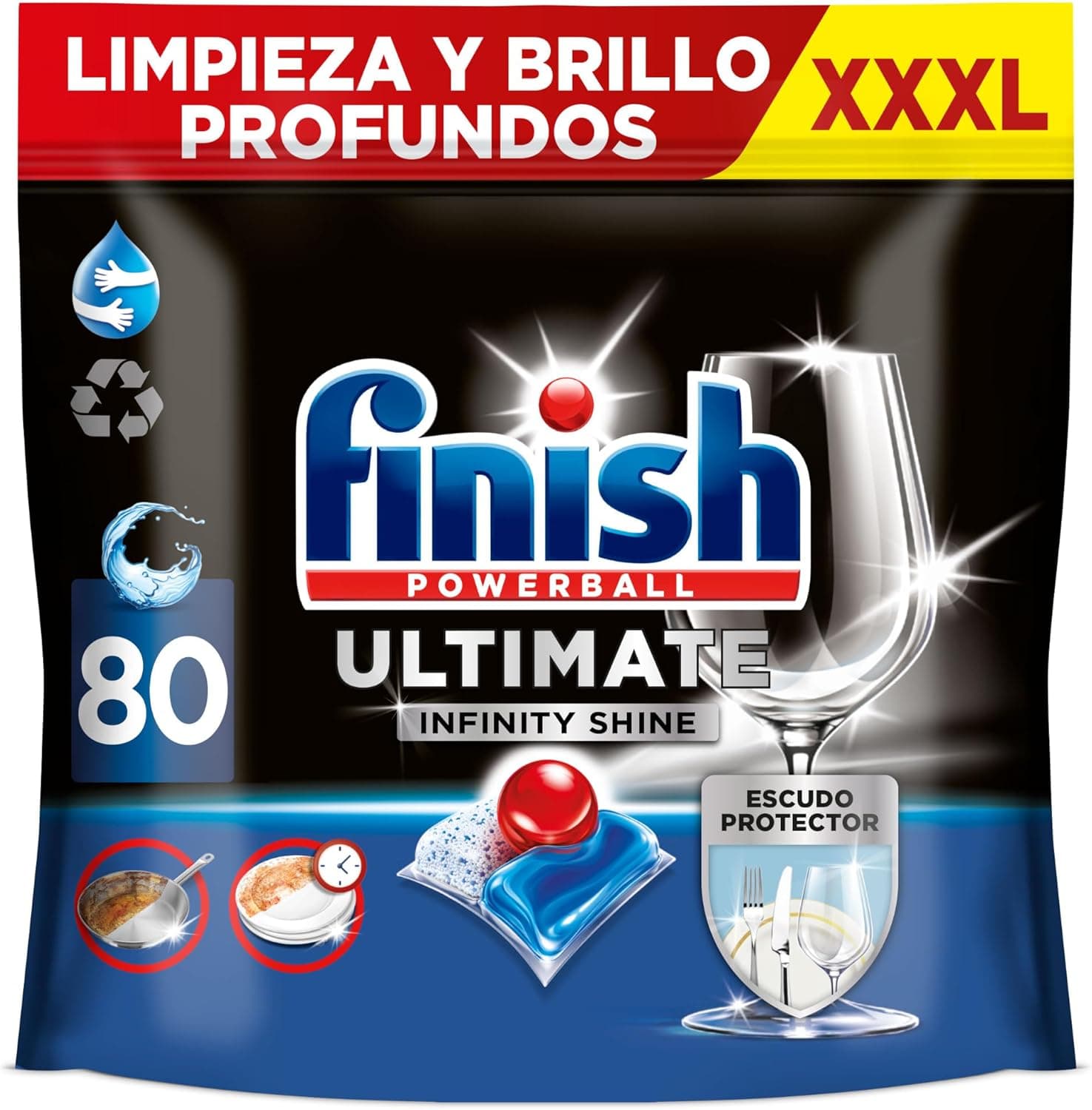 Finish Powerball Ultimate Infinity Shine, pastilhas para máquina de lavar louça com poder removedor de gorduras e proteção de vidro, 80 pastilhas