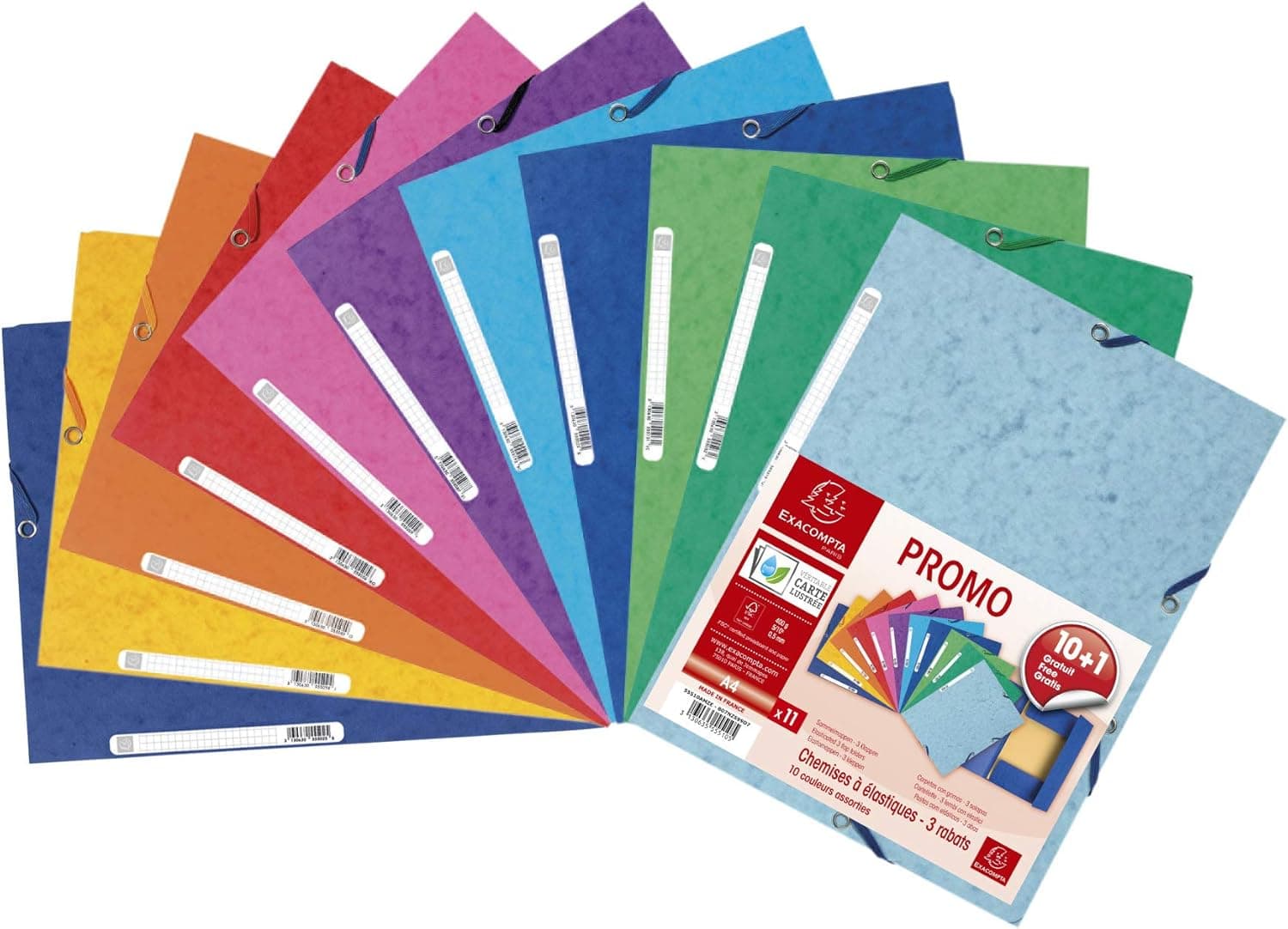 Exacompta 55510AMZE | Conjunto de 11 capas de arquivo com 3 abas em cartão 400 g e cores sortidas 24 x 32 cm