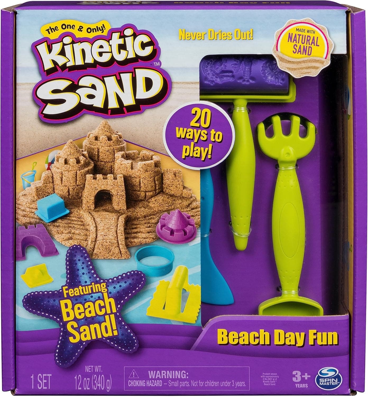 Kinetic Sand - Conjunto um dia na praia: 340 g de areia mágica moldável, moldes de castelo e ferramentas - kit artesanato crianças - 6037424 - brinquedos crianças 3 anos +