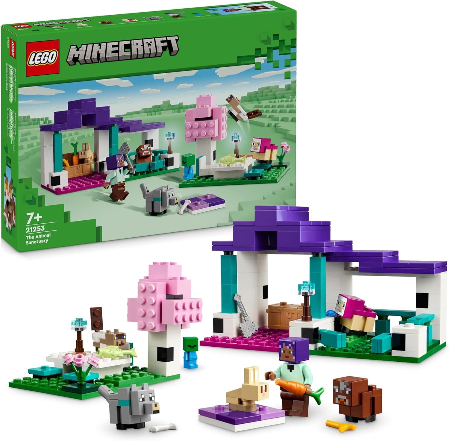 LEGO Minecraft Santuário de animais, brinquedo de construção, presente para meninos e meninas de 7 anos ou mais fãs de videojogo, bioma plano, minifiguras de personagens e figura de animais 21253