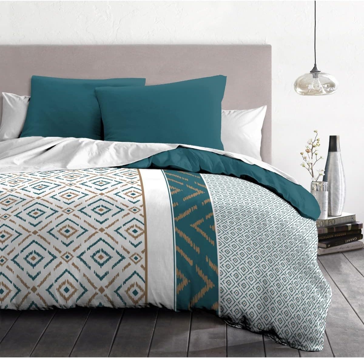 Conjunto de edredões de microfibra Ethno - 1 capa rdica n 140 x 200 cm 1 fronha 63 x 63 cm - pato azul - linho para casa