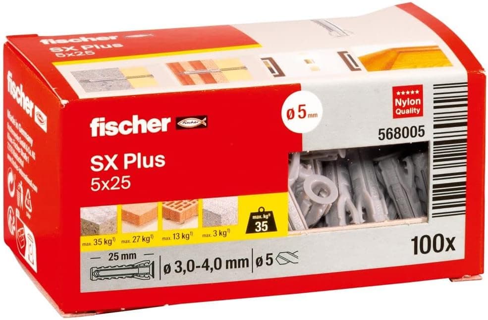 fischer 568005 - Taco de expansão SX Plus 5 x 25, caixa com 100 âncoras de nylon, âncoras para um suporte ideal ao fixar em betão, tijolo maciço, tijolo (caixa de 100 unidades)