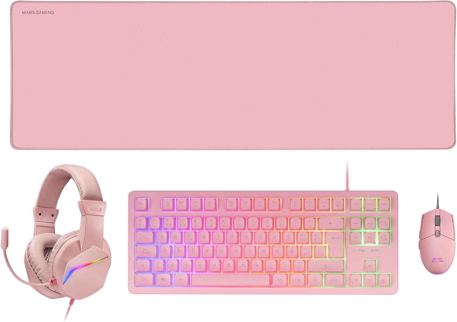 Mars Gaming MCP-RGB3, Pack Gaming teclado fixo RGB rato Gaming RGB Flow 3200 dpi auriculares Over-Ear RGB tapete XXL, rosa, idioma português