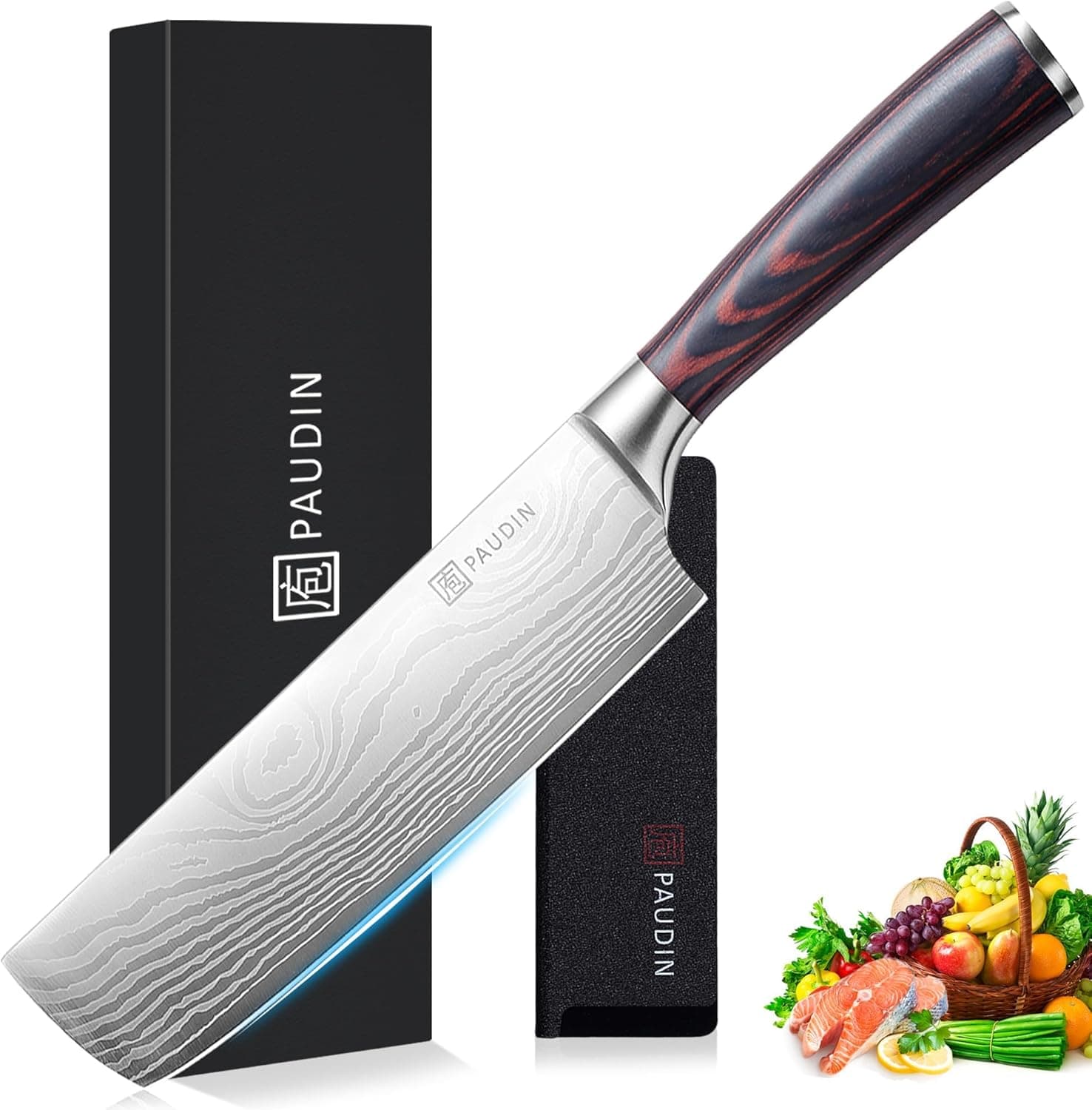PAUDIN Faca japonesa, comprimento da lâmina 17 cm faca nariki faca de corte faca de chef de aço inoxidável, faca de cozinha multiusos para casa e cozinha com cabo ergonómico