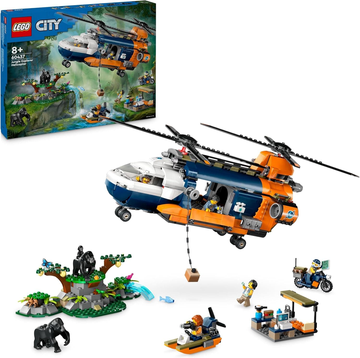 Lego City Exploradores da selva: Helicóptero em acampamento base veículo brinquedo de construção com 5 minifiguras Inc. Piloto e fotógrafo, presente para meninos e meninas de 8 anos ou mais 60437