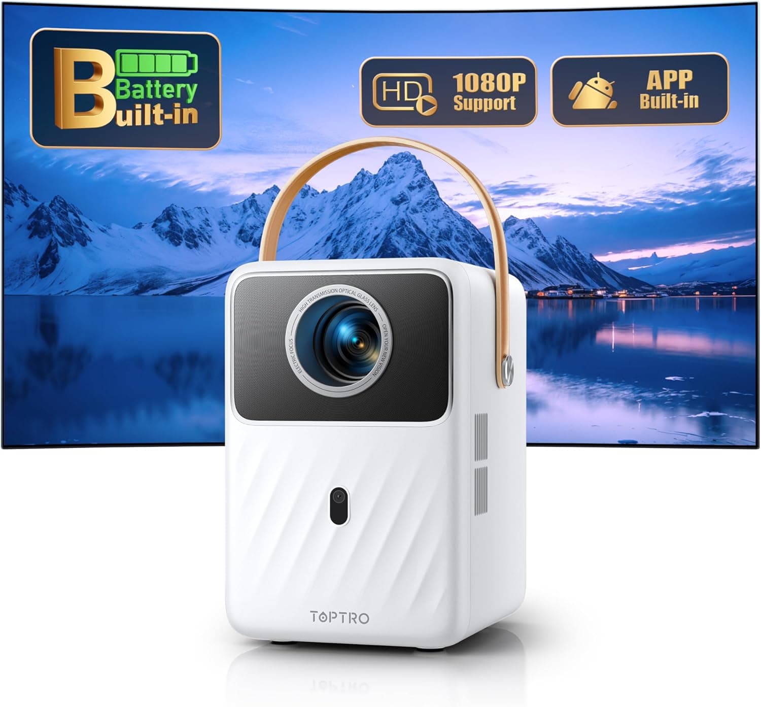 Projetor portátil Bateria incorporada e Android TV: com suporte de projetor Full HD 1080P, 350ANSI foco elétrico TOPTRO projetor WiFi Bluetooth cinema em casa para Android/iOS/USB/TV Stick/PS5