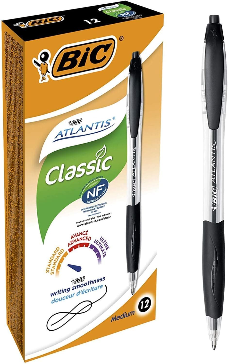 BIC Atlantis Classic Canetas removíveis ponta média (1,0 mm), preto, caixa de 12 unidades