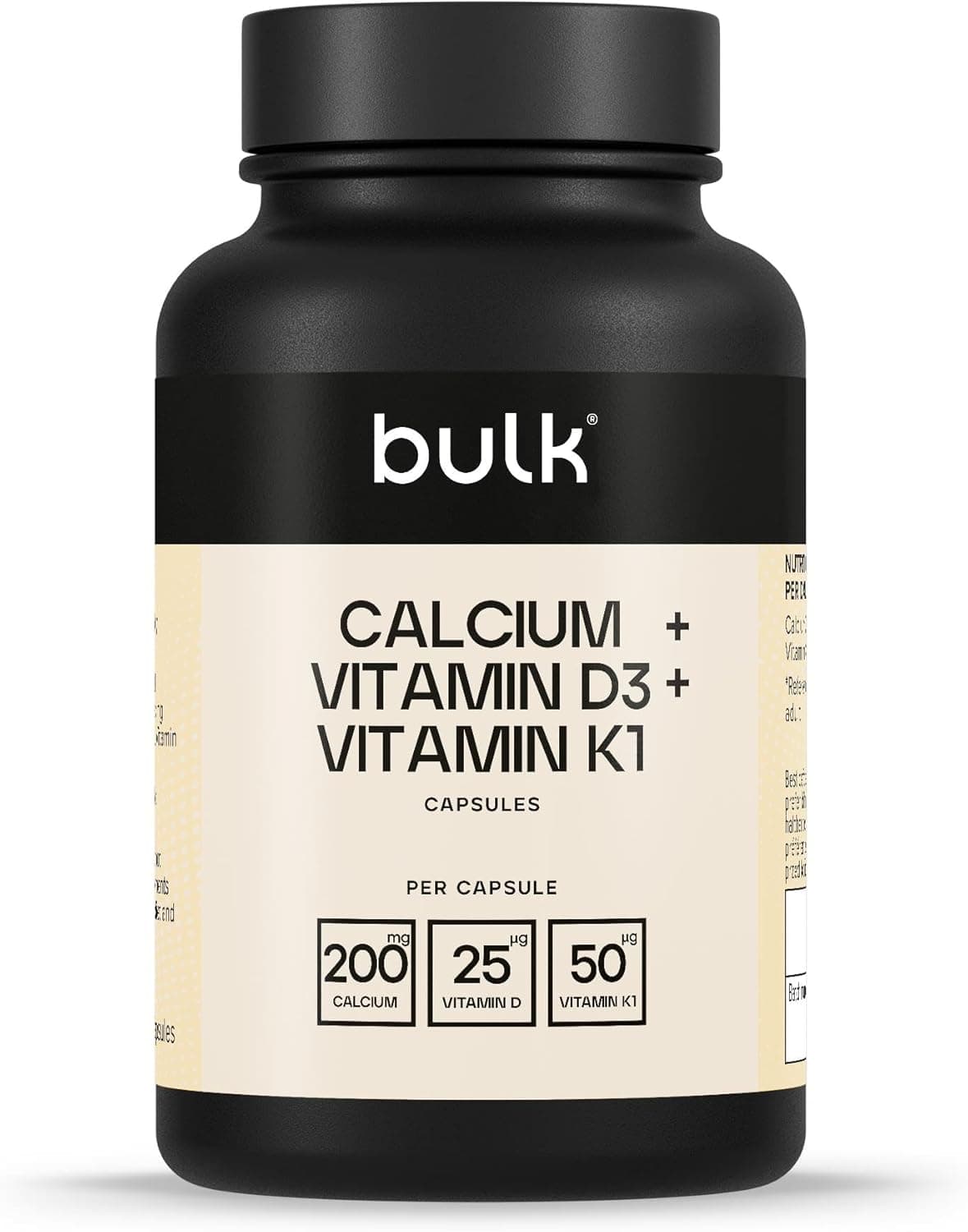 Bulk Cálcio Vitamina D3 Vitamina K1 em cápsulas de 1000 mg, vitamina D3 e vitamina K1 em cápsulas, 1000 mg, 90 cápsulas, 90 doses