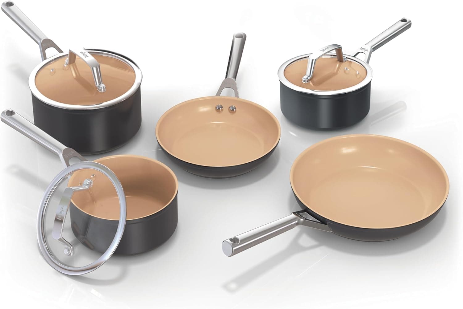 Ninja Extended Life CW95000EUUKDB Conjunto de cozinha (5 peças (20 e 24 cm de caçarola e tampa de 16, 18 e 20 cm, antiaderente, sem PFAs, PFOA, chumbo e cádmio), adequado para forno, cinzento 