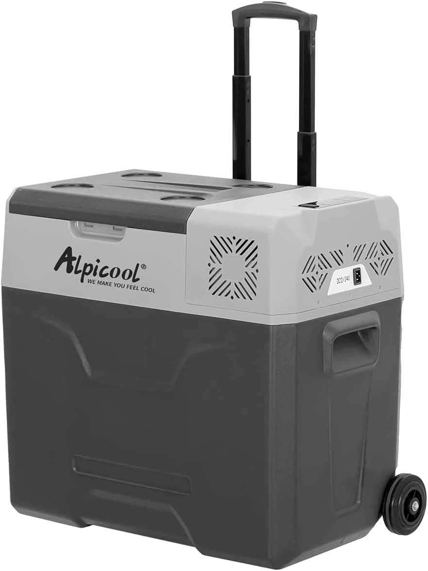 Alpicool CX50 50 litros frigorífico portátil 12 V, para carro, campismo, camião, barco e tomada com conexão USB, barra telescópica, roda