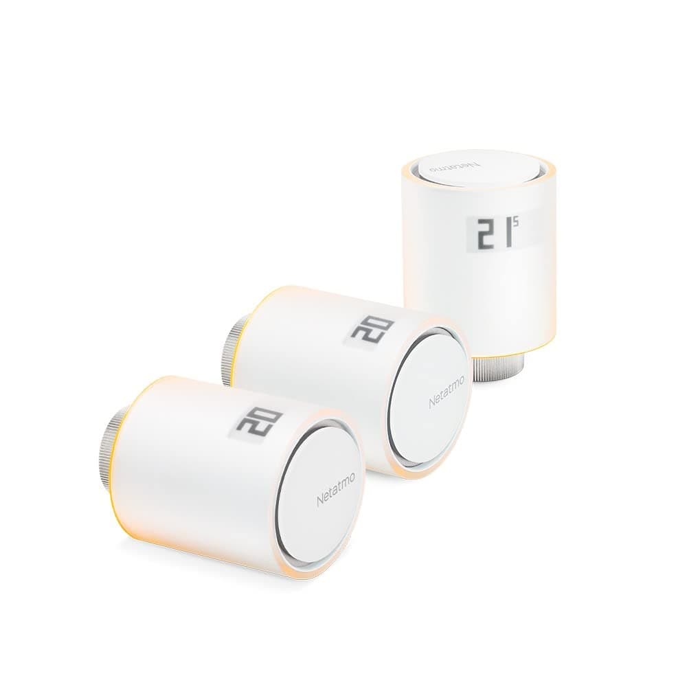 Netatmo Embalagem de 3 cabeças termostáticas conectadas e inteligentes, acessório para termostato conectado e inteligente, válvulas termostáticas para radiadores, NBU-Nav-EU