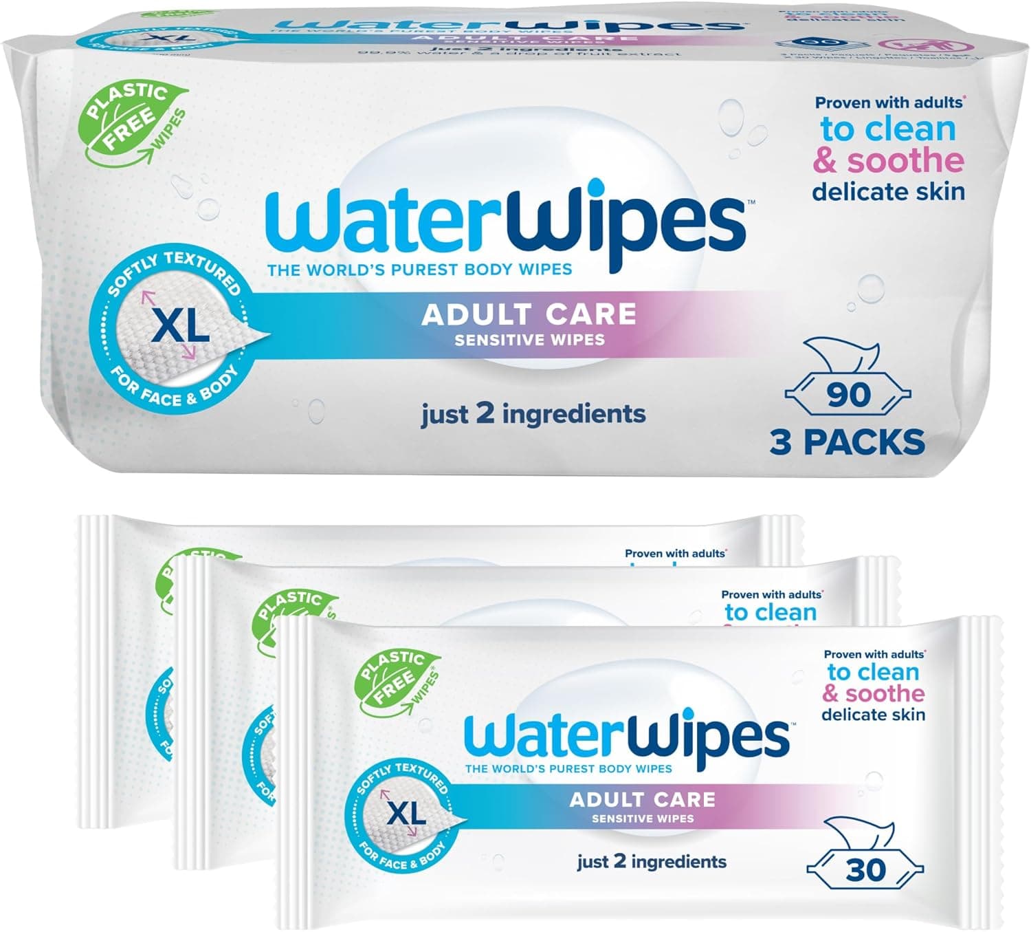 WaterWipes Toalhetes húmidos de cuidado sensível para adultos, 90 toalhetes (3 pacotes), extra grandes, toalhetes com base de água, projetados para limpar todo o corpo
