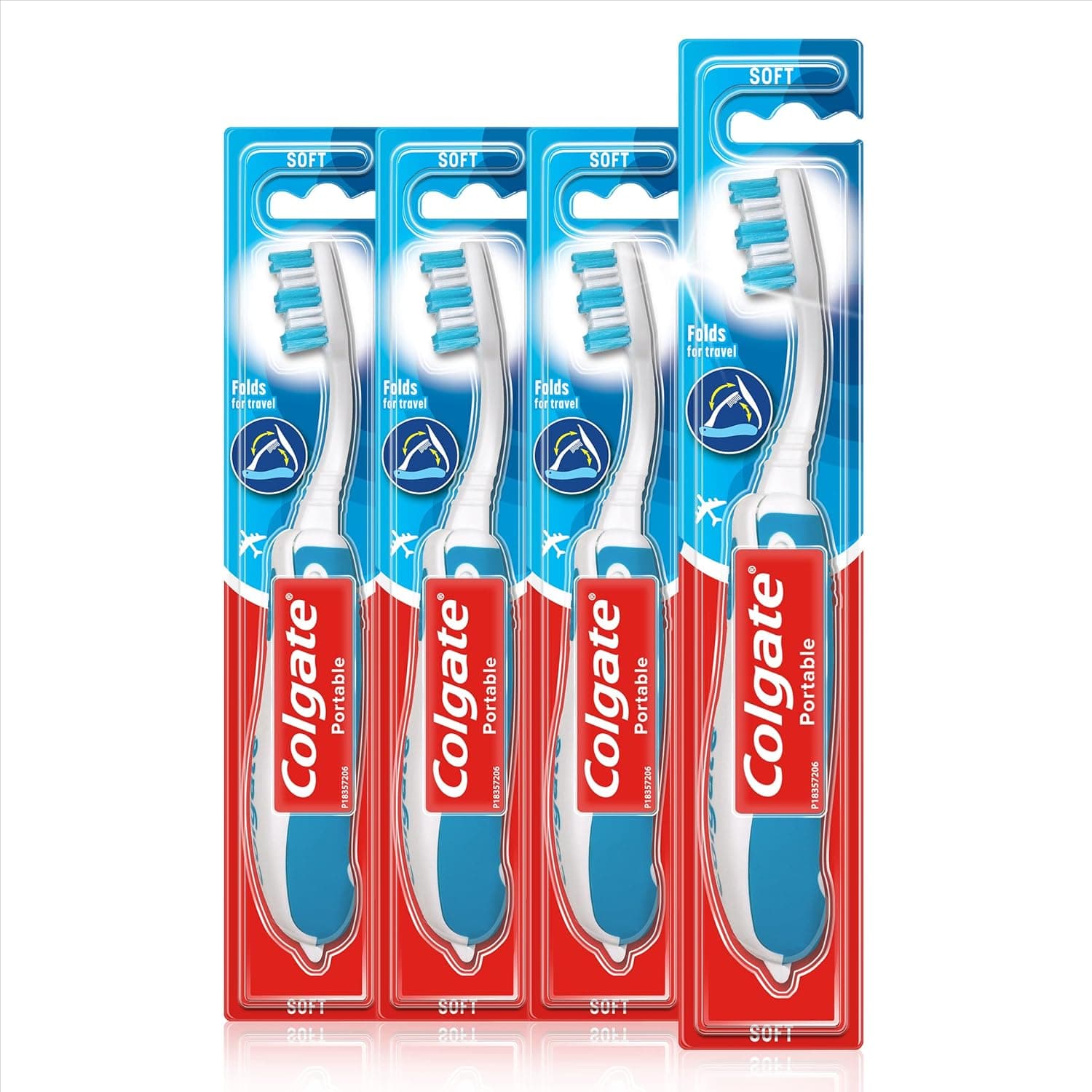 Colgate Escova de dentes portátil, escova de dentes dobrável para viagens, escova de dentes para adultos com cerdas macias, pacote múltiplo de 4 unidades
