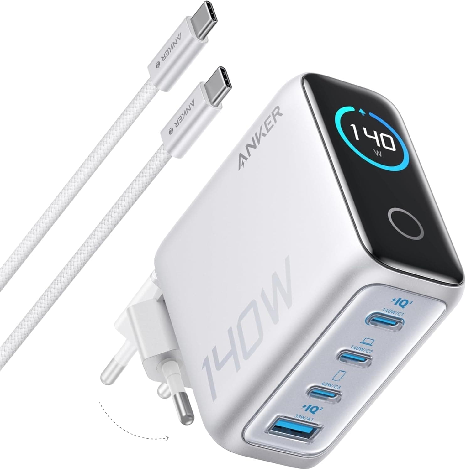 Anker Carregador USB C de carregamento rápido de 140 W, carregamento rápido de 4 portas, design intuitivo e compatível com MacBook, iPhone 16/15, Samsung, Pixel e muito mais