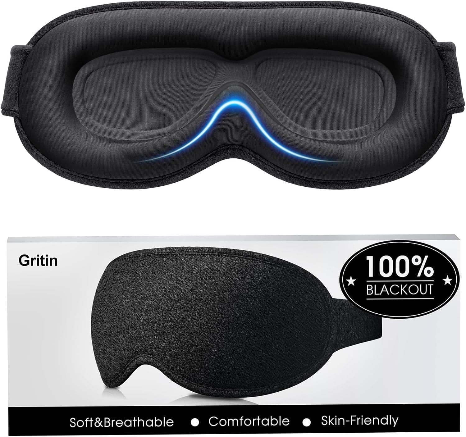 Gritin Máscara de dormir para mulher e homem, anti-luz sem pressão ocular - design ergonómico 3D para pestanas e movimentos oculares, ultra suave e confortável Sleep Mask