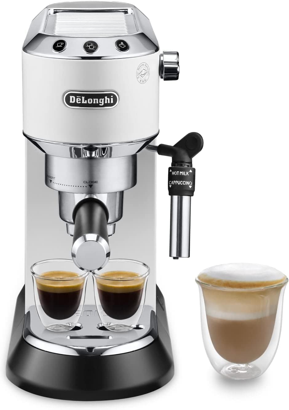 De'Longhi Dedica - Máquina de Café com Bomba em Aço Inoxidável para Café Moído ou Monodoses, Máquina de Espresso e Cappuccino, Depósito de 1,3 Litros, Sistema Anti-Gota, EC685.W, Branco