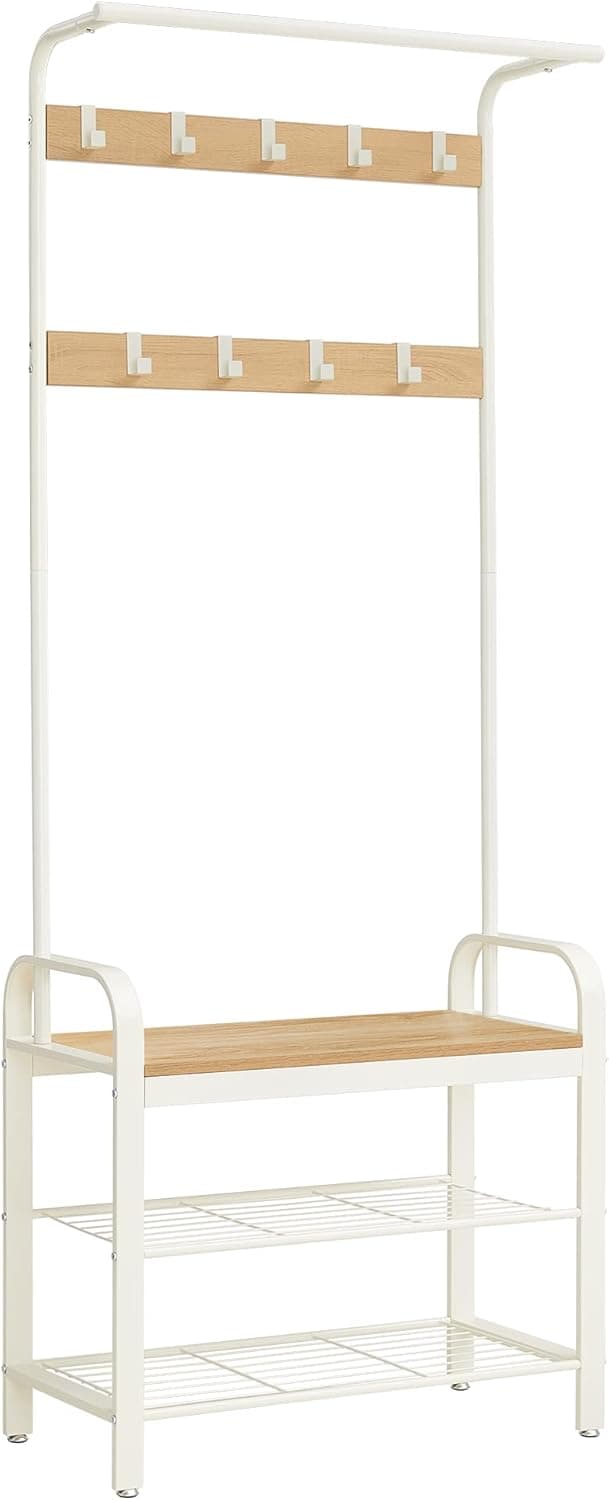 VASAGLE Cabide de sapateira, cabide com banco de entrada, 4 em 1, 9 ganchos removíveis, barra superior, para entrada de corredor, 33,7 x 72 x 183 cm, moderno, carvalho e branco HSR40W