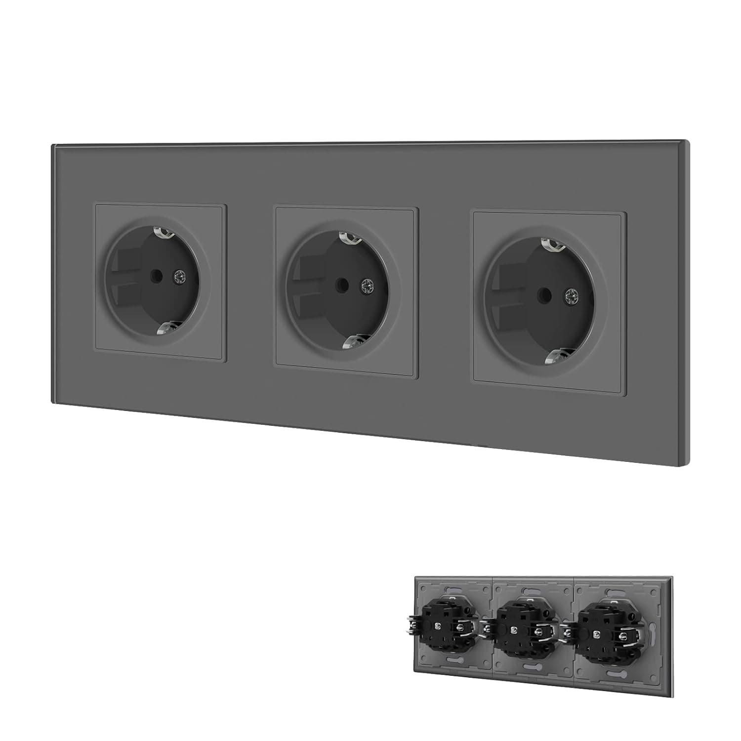 BSEED 3 Gang | Tomada de parede tripla Schuko com painel de vidro cinza 16A 250V