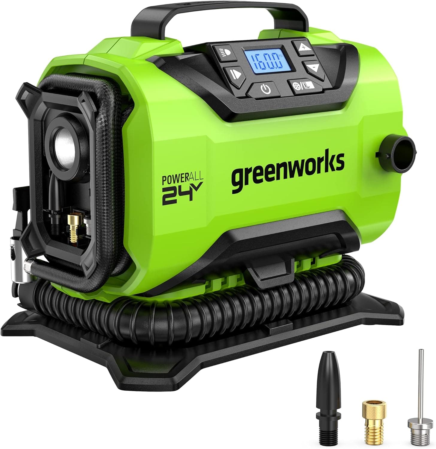 Greenworks G24IN Inflador sem fios e deflactor, 11 bar, baixa ou alta pressão, desligamento automático com 3 adaptadores e mangueira de 0,5 m sem bateria de 24 V e carregador, garantia de 3 anos