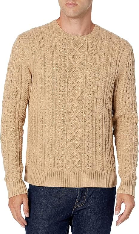 Amazon Essentials Camisola de manga comprida 100 % algodão com trançado grande e gola redonda para homem