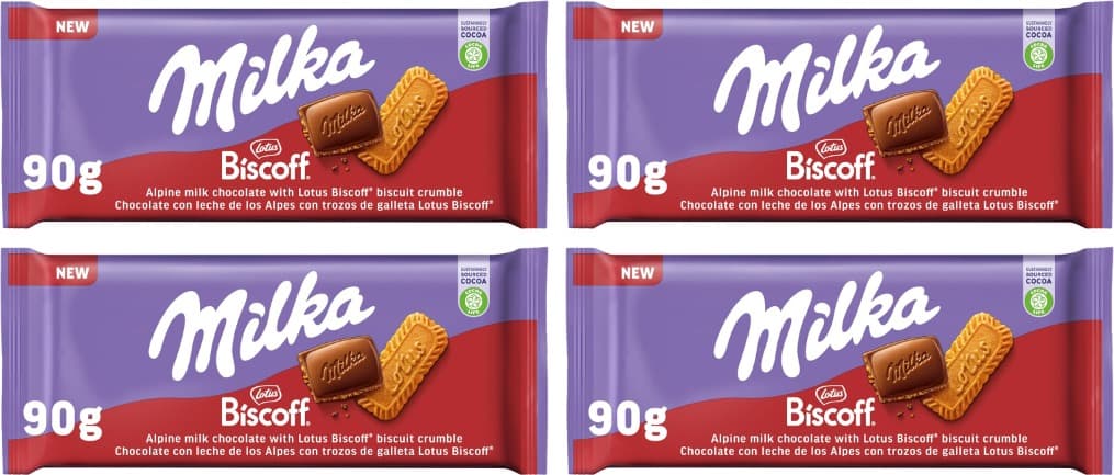 Milka Tablet de chocolate com leite dos alpes com bolacha Lotus Biscoff, 90 g x 4