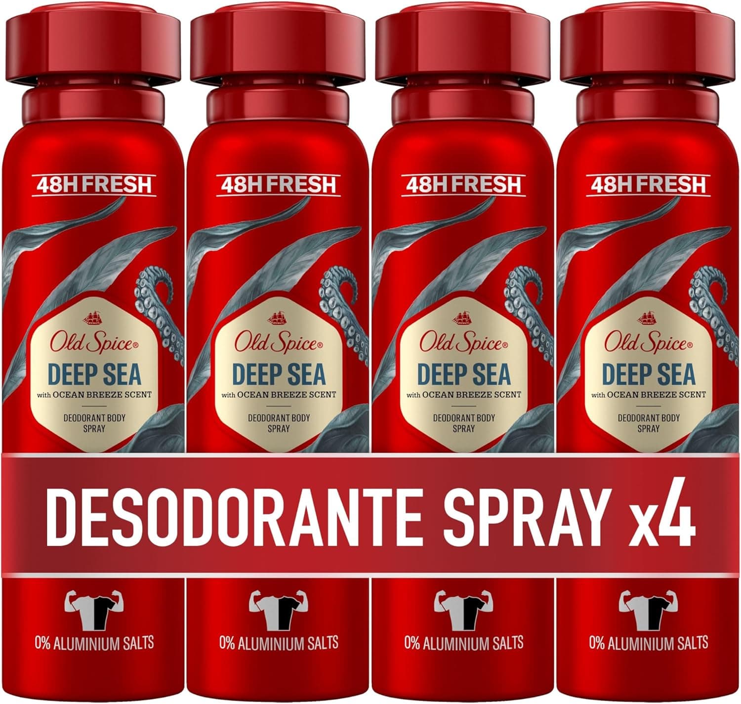 Old Spice Deep Sea Desodorante corporal em spray para homem, 48 horas fresco, 0% sais de alumínio, antimanchas, brancas e amareladas, 4 x 150 ml