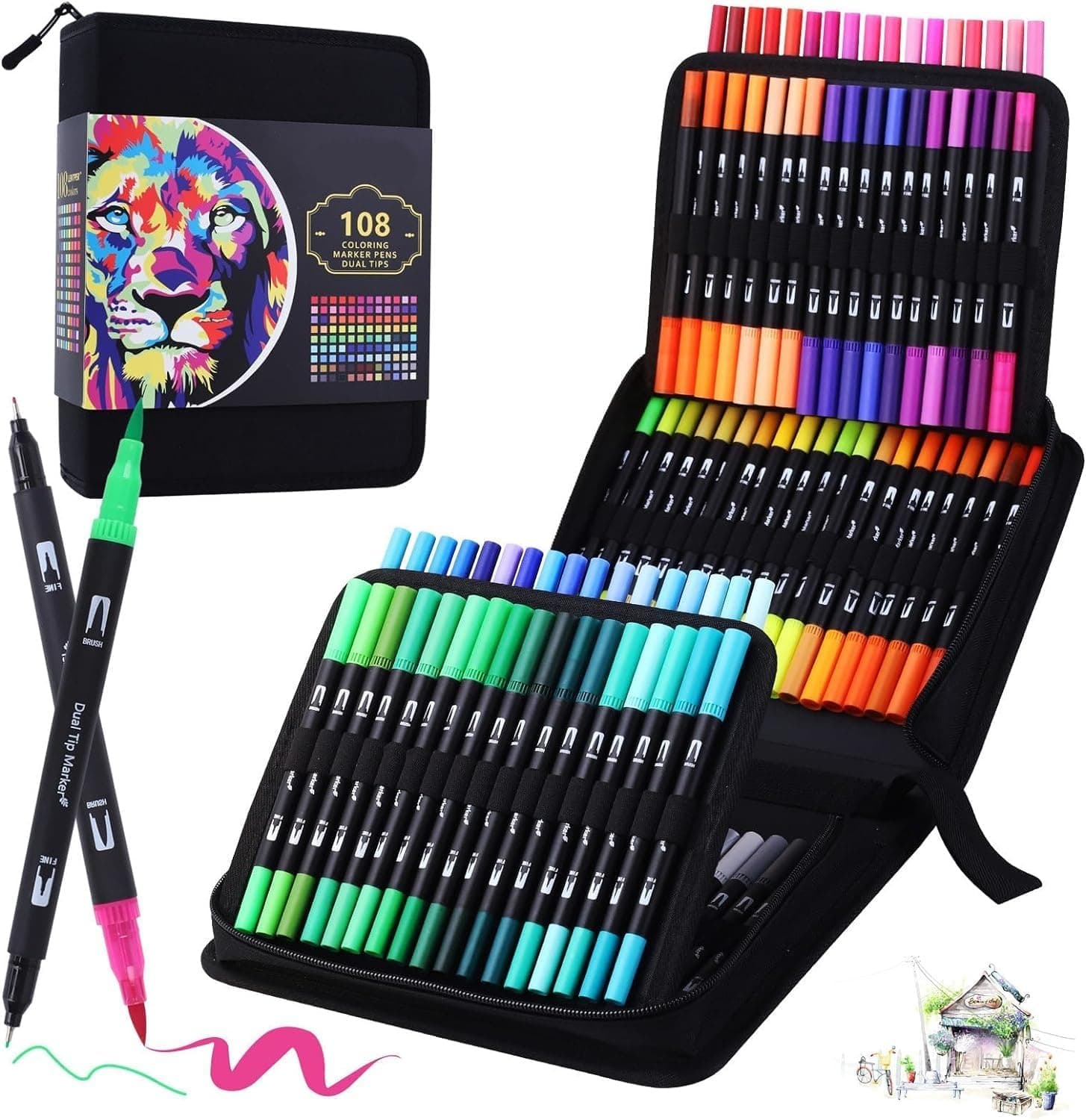 LENTPER Marcadores Lettering de 108 cores, ponta de pincel, ponta dupla fina, kit para crianças e adultos, mandalas, graffiti, aligrafia, desenho, aguarela profissional