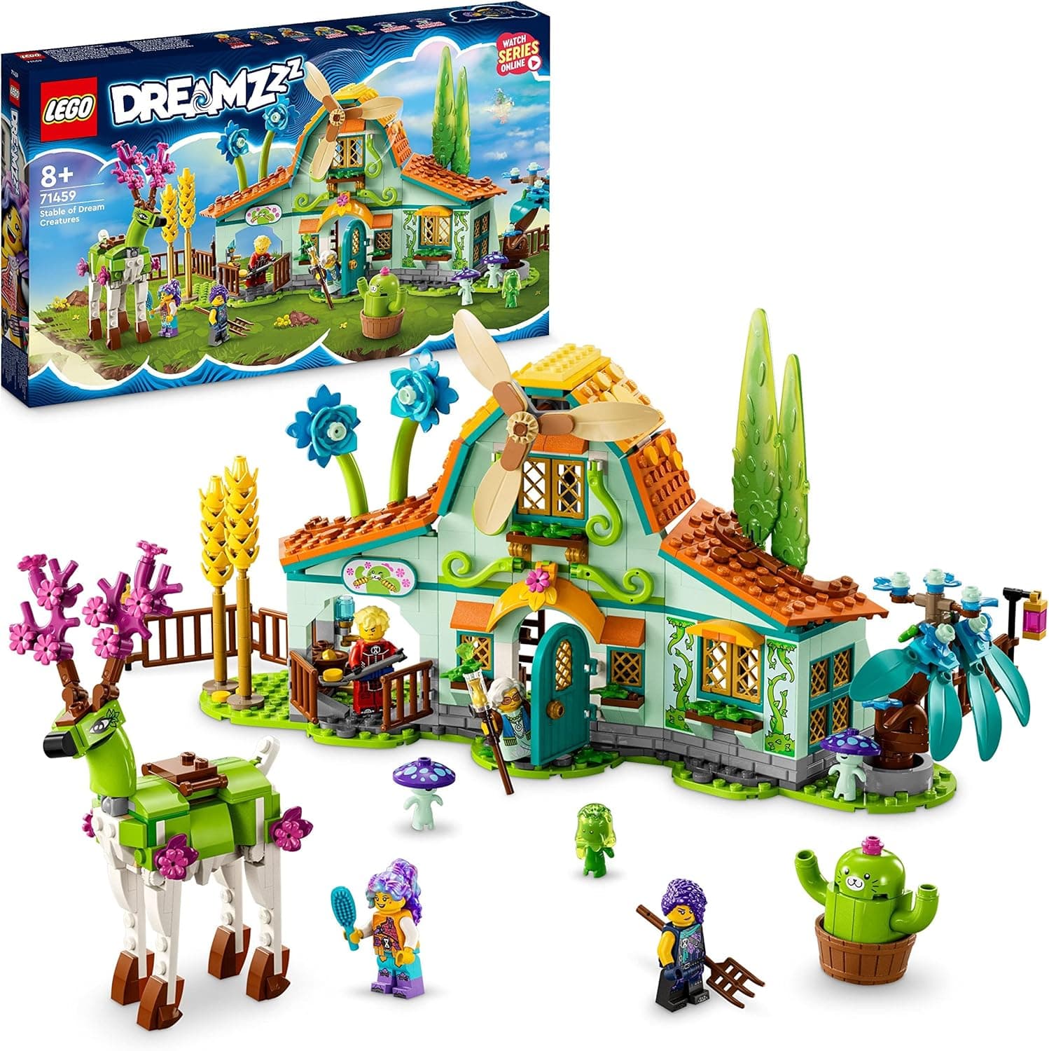 LEGO DREAMZzz Estábulo de criaturas dos sonhos, conjunto de quinta com figura de veado que pode ser construída de 2 maneiras, inclui minifiguras e animais de brincar para meninos e meninas 71459