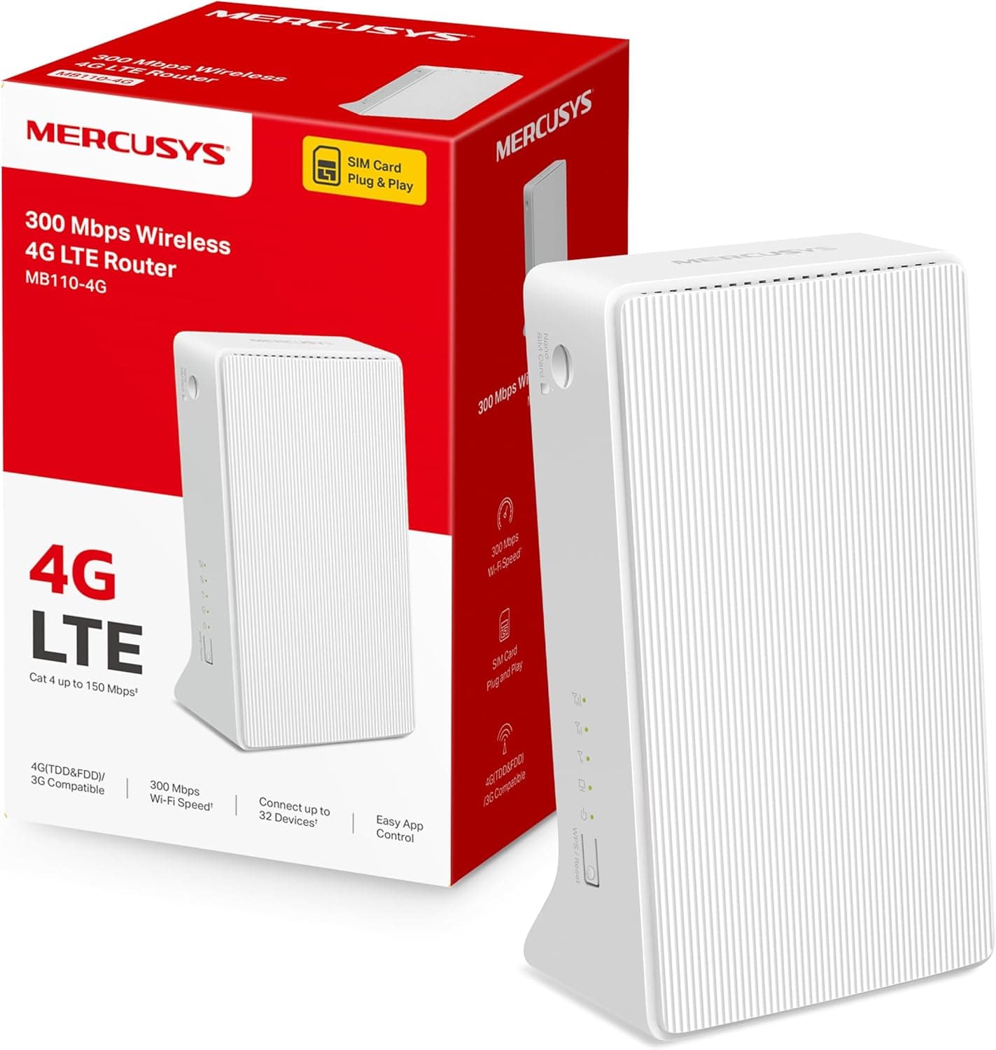 [Novo] Mercusys - MB110-4G, Router 4G SIM, LTE CAT4, Wi-Fi 300 Mbps, compatível com todos os operadores, FDD e TDD, Plug&Play, conecta até 32 dispositivos