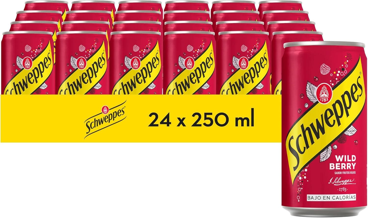 Schweppes Wild Berry sabor frutas vermelhas/frutas silvestres, baixas calorias - lata, pack 24 x 25 cl