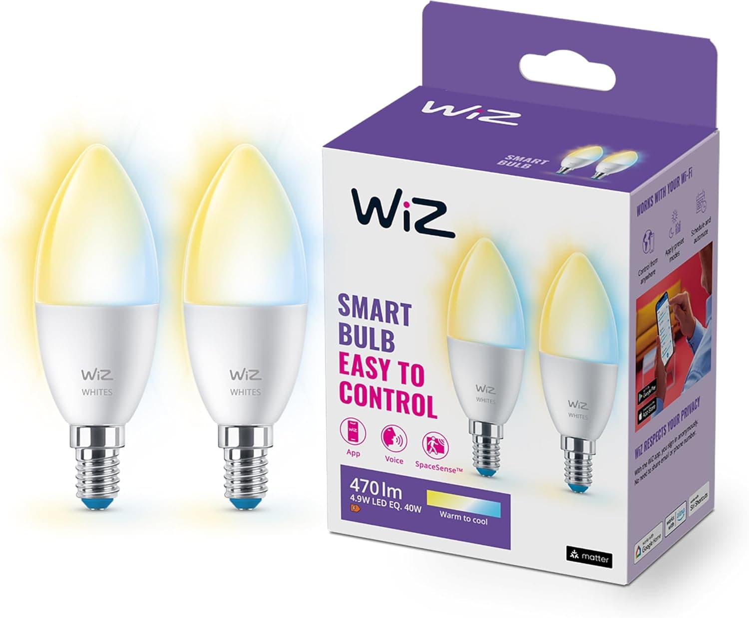 WiZ - Lâmpada LED inteligente Wi-Fi, 4,9 W (Eq. 40 W) E14 tipo vela, luz branca ajustável de quente a frio, com tecnologia SpaceSense e compatível com Alexa e Google Home, conjunto de 2