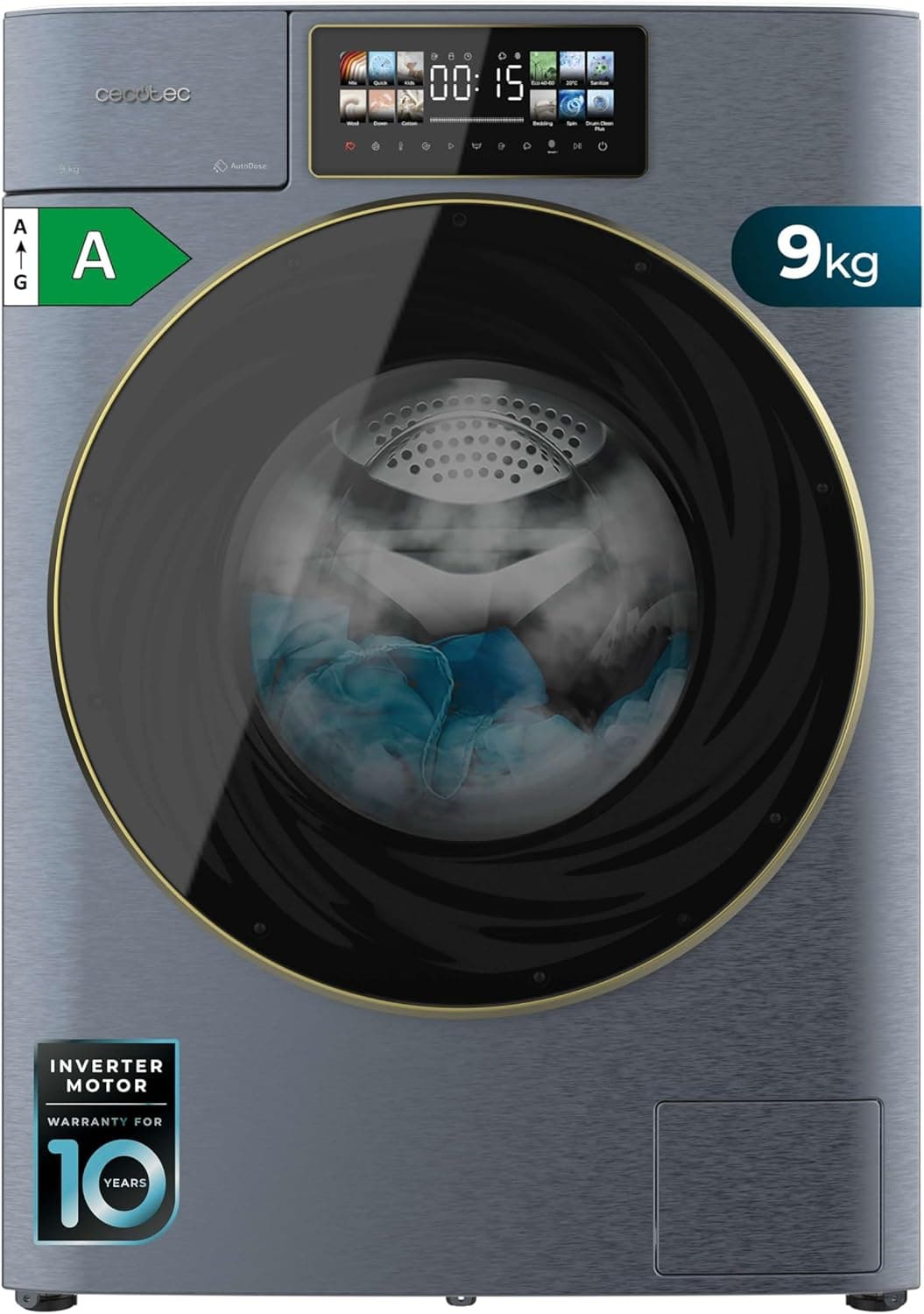 Cecotec Máquina de lavar 9 kg carga frontal autodose Bolero DressCode 9950 Autodose Inverter 3D Ice Blue A. Acabamento azul 1400 Rpm, Core Matrix Screen, porta XXL, luz interior