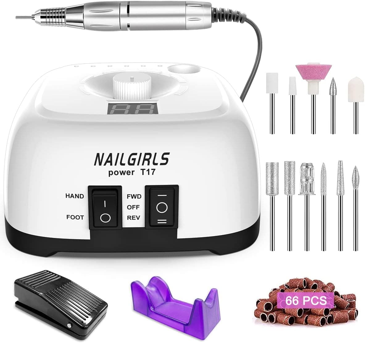 Torno profissional para unhas 35000 RPM, NAILGIRLS 11 em 1 torno de unhas acrílicas, torno elétrico para unhas com ecrã e pedal, baixo vibração torno profissional para unhas ambientes para manicure