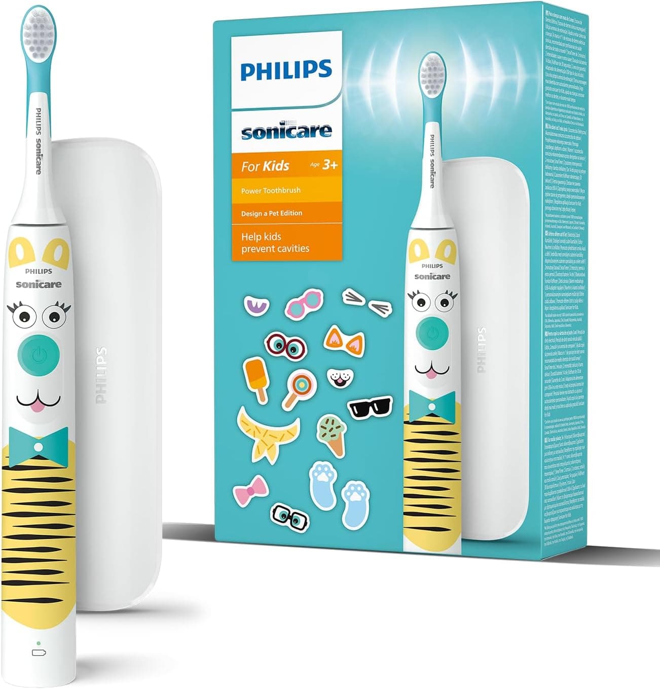 Philips Sonicare For Kids - Edição de escova dentária elétrica design a Pet com autocolantes de animais de estimação para crianças, estojo de viagem compacto e carregador USB (modelo HX3603/01)