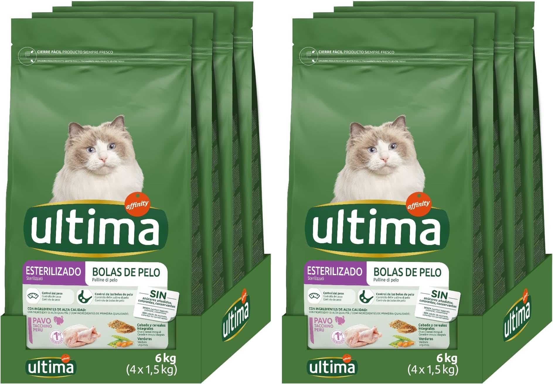 Ultima Esterilizado bolas de pelo peru, comida seca para gatos, embalagem de 4 x 1,5 kg, total 6 kg