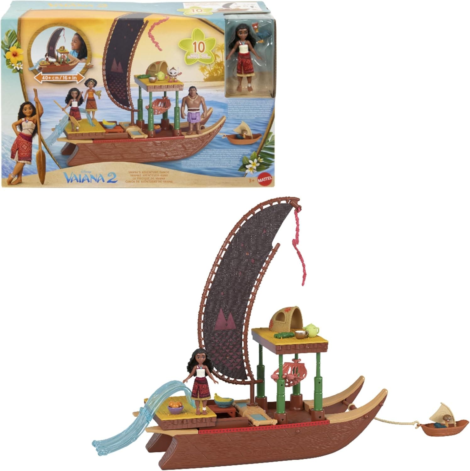 Mattel Disney Vaiana 2 Canoa de aventura conjunto de jogo com canoa flutuante, boneca pequena, 1 personagem amigo, 6 áreas de jogo e 10 acessórios, JBT78