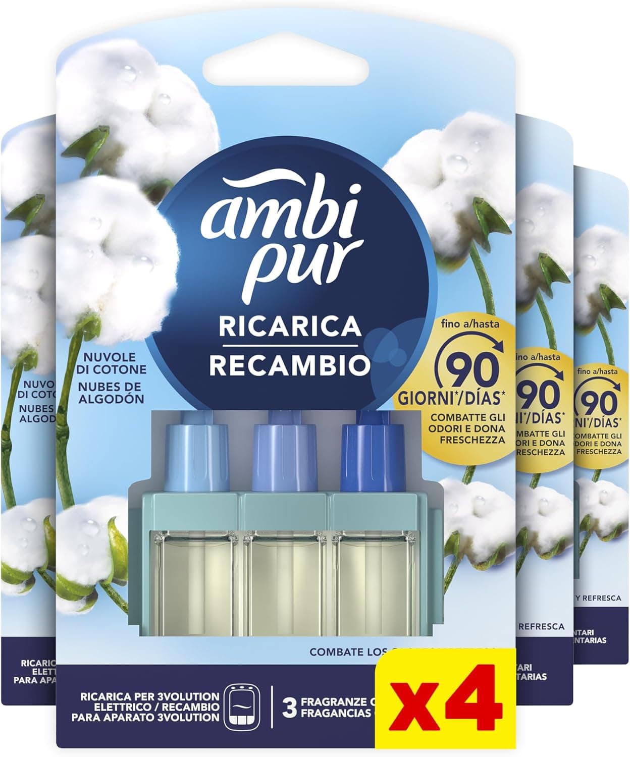 Ambi Pur 3Volution Recarga ambientador elétrico Nuvens de Algodão 80 ml, 4 unidades, elimina odores com 3 fragrâncias alternadas