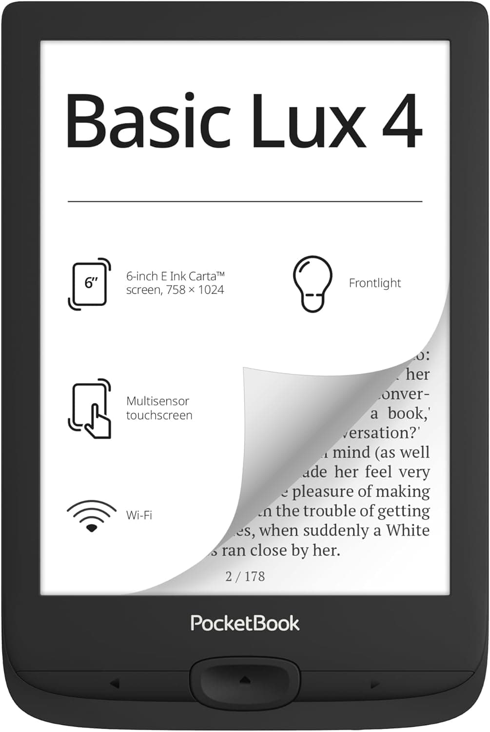 PocketBook Basic Lux 4 Leitor de livros eletrónicos | Tecnologia de tinta eletrónica anti-reflexo de 6 polegadas | Leitor eletrónico compacto e leve, luz frontal, ecrã tátil | Wi-Fi 