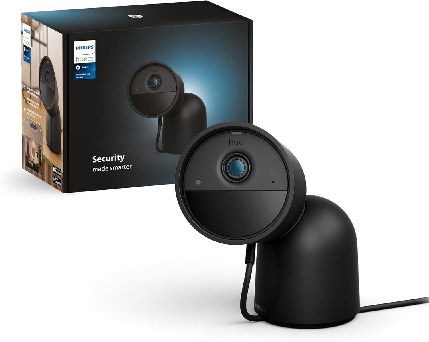 Philips Hue Secure Câmara de vídeo vigilância inteligente com base, para exteriores ou interiores, versão com cabo, Full HD vídeo, controlo de segurança e iluminação numa só aplicação, preto