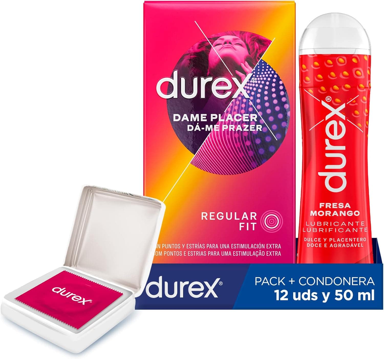 Durex Pack reservativos Dame Placer de 12 preservativos Durex lubrificante sabor e aroma morango de base de água - 50 ml