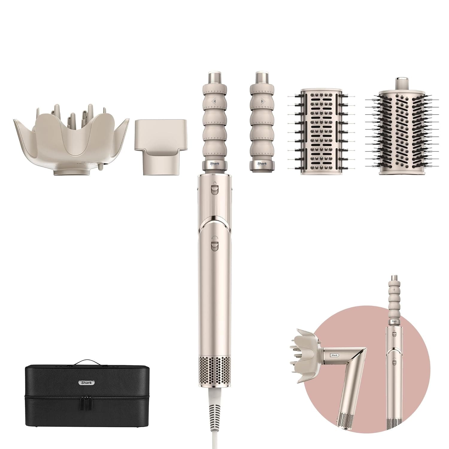 Shark FlexStyle Secador de cabelo e modelador, 5 em 1, modelador automático, escova alisadora, escova redonda, concentrador, difusor, estojo, sem danos causados pelo calor, em champanhe, HD446SLEU