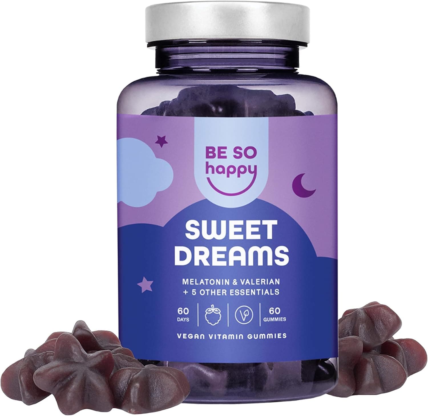 Melatonina gominolas. Gominolas para dormir. 1 mg de melatonina. Valeriana, passiflora e camomila. Ajuda a conciliar o sono e a descansar melhor. 60 Gummies sabor de mirtilo. Vegan. BeSoHappy