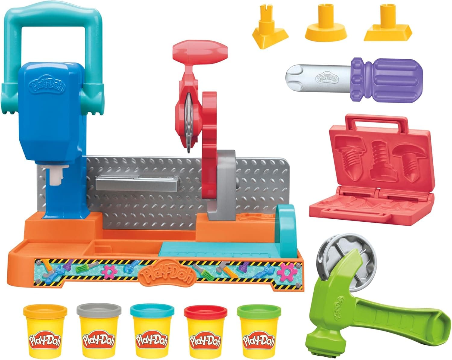Play-Doh Banco de ferramentas conjunto de artesanato com plástico com selos, ferramentas de brinquedo e 5 frascos de cores diferentes, meninos e meninas de 3 anos ou mais